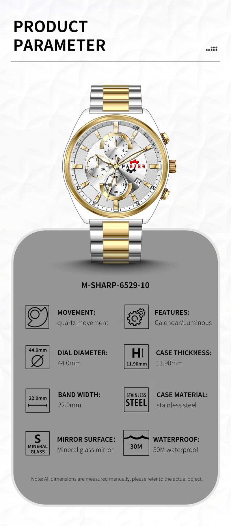 PANZER Fashion Herrenuhr mit großem Zifferblatt und Stahlarmband, Drei-Augen-Kalender, Sechs-Pin-Quarzuhr, Business-Uhr für Herren_voghion.com