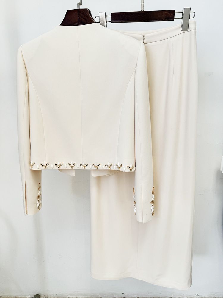Abbigliamento donna moda cardigan con perline pesanti giacca gonna spaccata vestito due pezzi_voghion.com