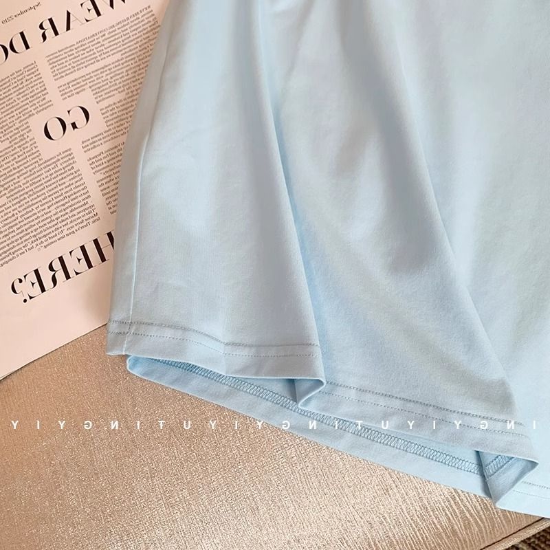Maglietta a maniche corte con stampa di un simpatico cane alla cannella, azzurra, da donna, estiva, stile Hong Kong_voghion.com
