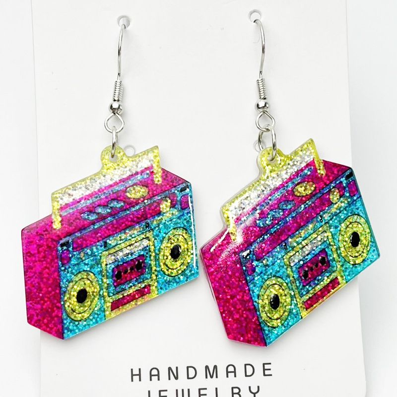 Fluorescent Color Shiny Oil Tape Era Earrings Lightning Element Radio Women's Eye-Catching_voghion.com