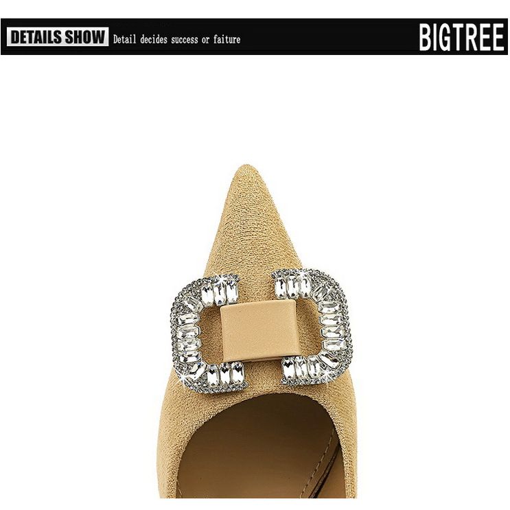 825-K69 Koreansk Mode Banquet Høje Slanke Hæle Dame Ruskind Lav Spids Mund Metal Vand Diamant Spænde Enkel_voghion.com