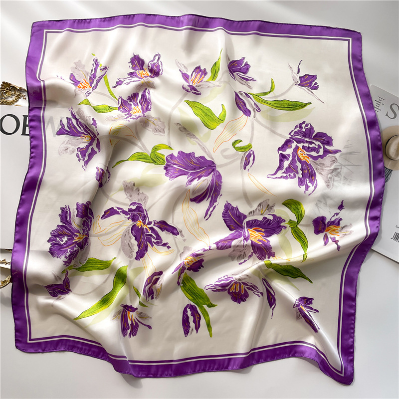 Frühlingsausflug kleiner Seidenschal 70 cm quadratischer Schal, vielseitiger Pflanzen- und Blumenschal, dekoratives Sonnenschutz-Stirnband,_voghion.com