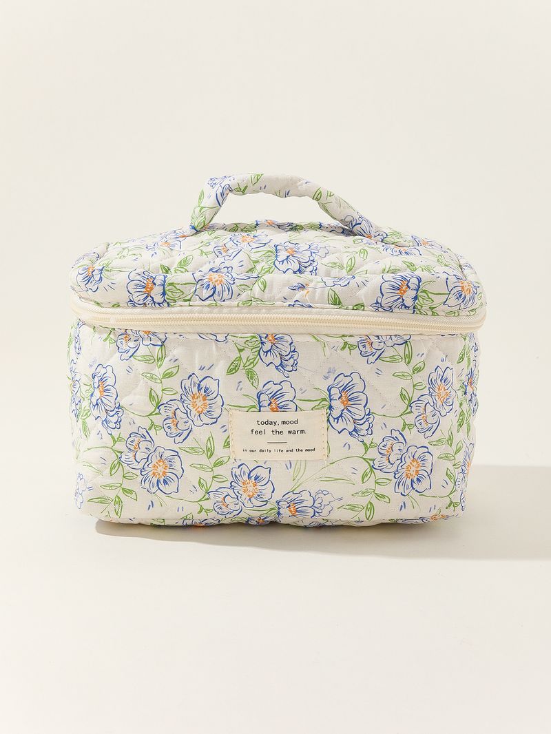 Kosmetiktasche aus Baumwolle, tragbar, große Kosmetiktasche, gestreift, gepunktet, Aufbewahrung, tragbar, gesteppte Baumwolle, süße Blumen, Student_voghion.com