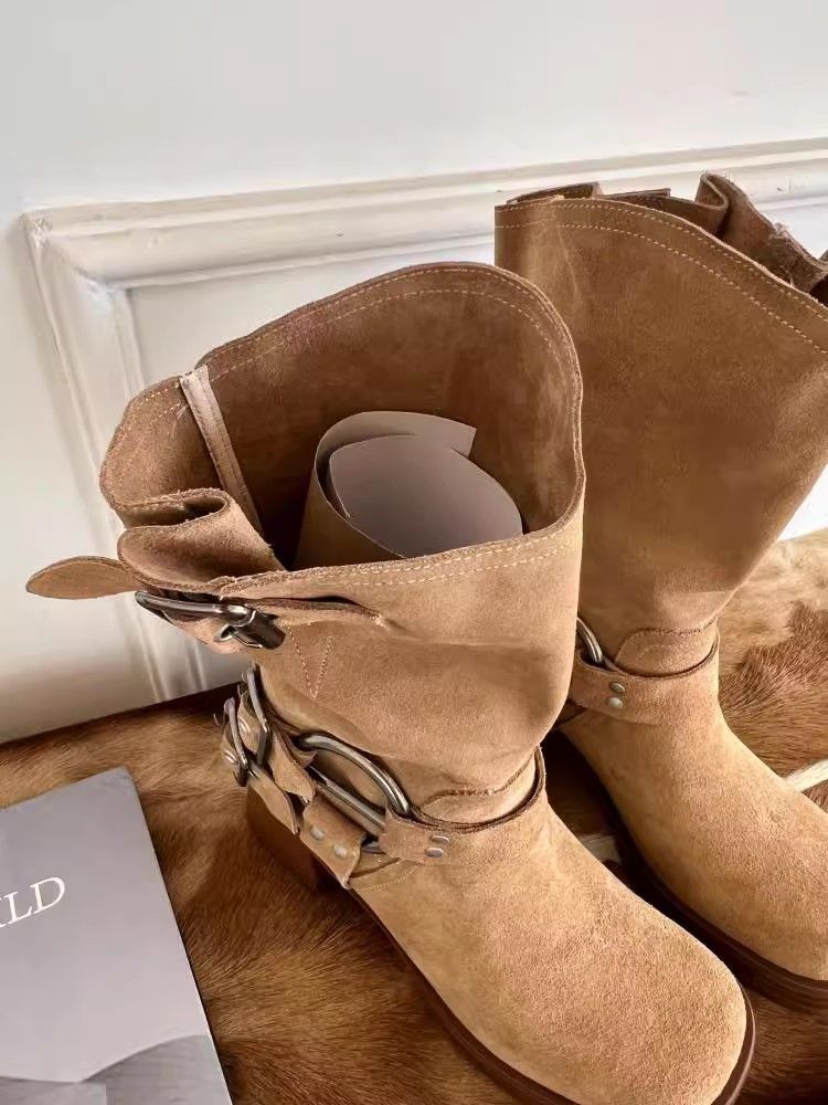 Matte Cowhide Western Cowboy Women's Genuine Leather Thick Heeled Short Boots, Square Toe Brown High Heels,_voghion.com