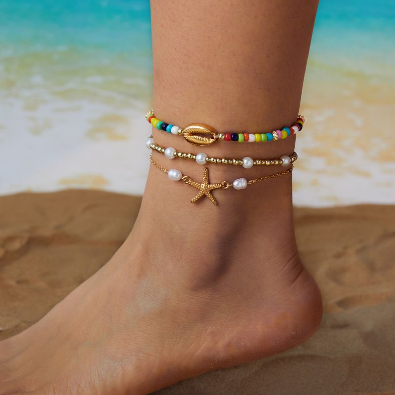 New Bohemian Style Seed Bead 3 Pieces Stackable Summer Beach Starfish Shell Anklets_voghion.com