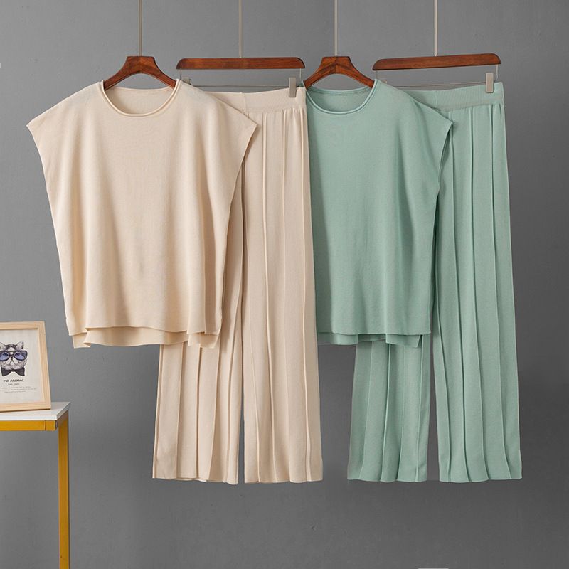 Damenbekleidung, gestrickter Freizeitanzug, ärmellose Weste, Pullover, Hose mit weitem Bein, zweiteiliger Anzug_voghion.com