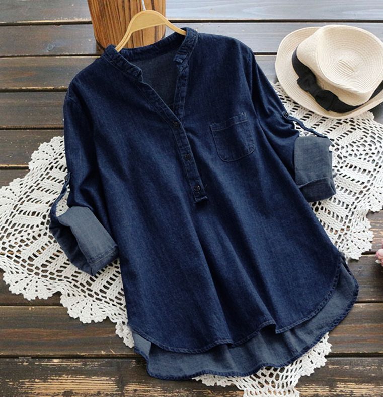 Camisa de mujer de manga larga irregular con cuello alto pequeño de mezclilla lavada_voghion.com