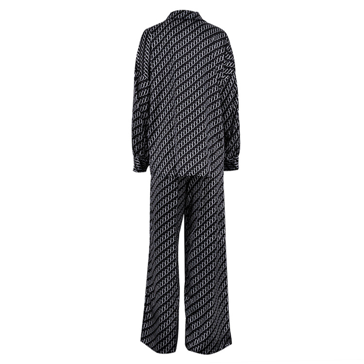 Abbigliamento da donna primaverile di alta qualità, camicia ampia a maniche lunghe e pantaloni, completo in raso stampato a due pezzi_voghion.com