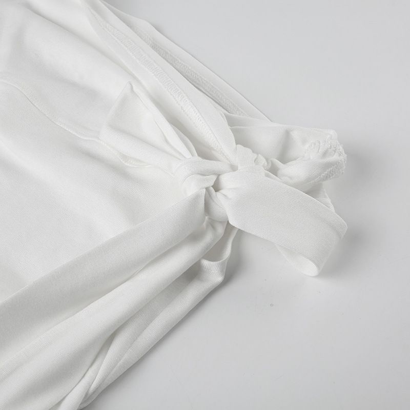 Top in maglia irregolare con nastro annodato dal design personalizzato per donna con scollo a spalle scoperte, maglietta estiva slim fit tinta unita di base_voghion.com