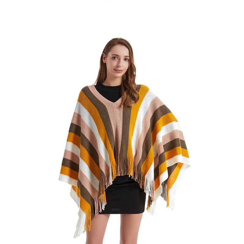 Autunno e inverno stile etnico a righe nappa mantello moda pullover nuova camicia lavorata a maglia caldo scialle da donna_voghion.com