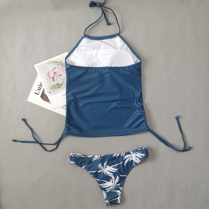 Roupas femininas com estampa de coqueiro e alça triangular, maiô conservador com alça e cobertura da barriga, biquíni dividido_voghion.com