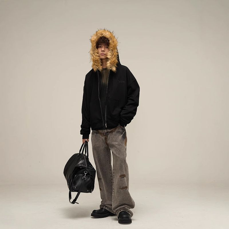 American Style Design Coat With Fur Collar, Couple Hooded Zipper Cardigan Sweatshirt, Autumn Winter Warm High-end Trendy_voghion.com