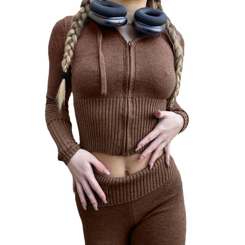 Women's Knit Hooded Two-Piece Set Fashionable High-Waist Long Sleeve Top & Pants Outfit Streetwear Casual Comfortable Loungewear_voghion.com