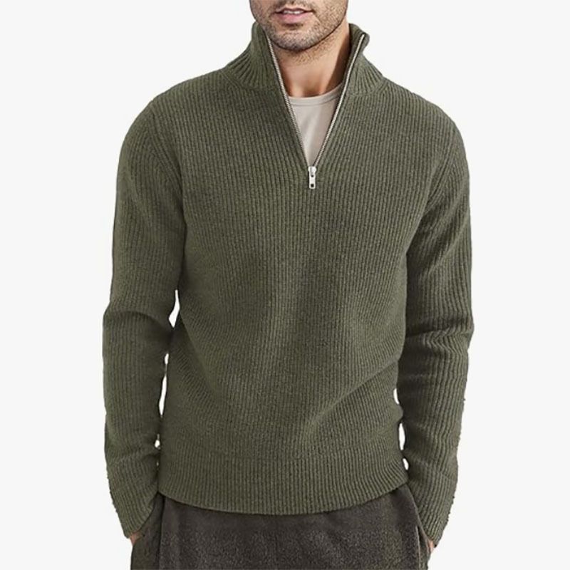 Suéter masculino de malha de inverno com gola de meio zíper - Pulôver grosso e quente, corte slim, lavável à máquina (cáqui/branco/cinza/preto/marrom)_voghion.com