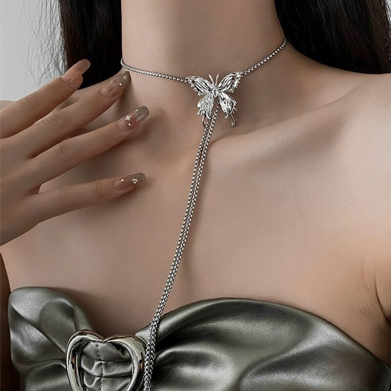 Spicy Girl Sweet Cool Pulling Butterfly Necklace Women's Four Wear Three Dimensional Butterfly Sweater Chain Design Feeling Tassel Collar Chain_voghion.com