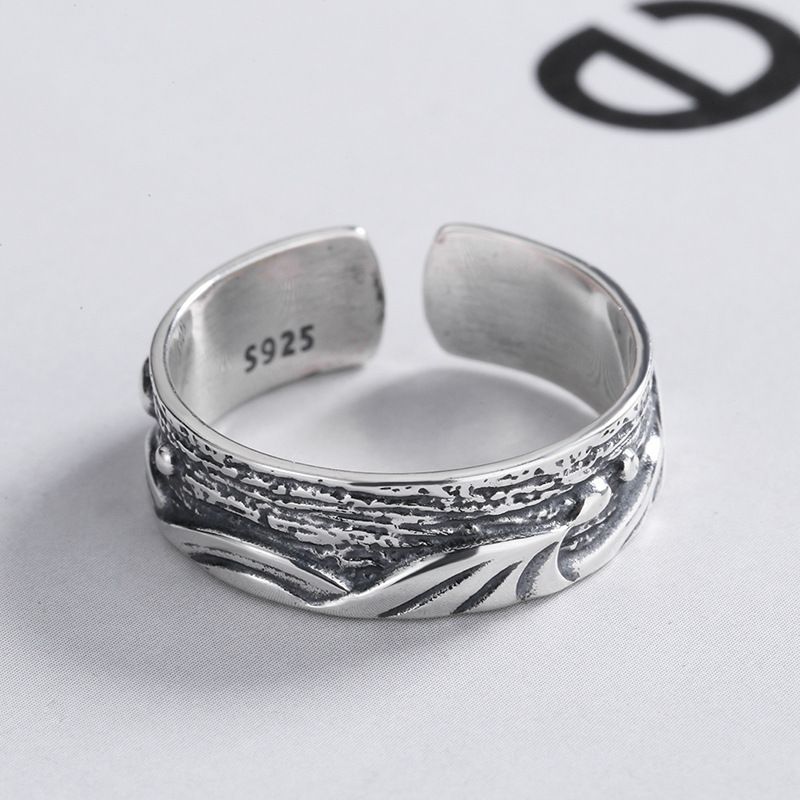 Anello aperto regolabile alla moda in argento puro con motivo a onde oceaniche, stile freddo, per uomo_voghion.com