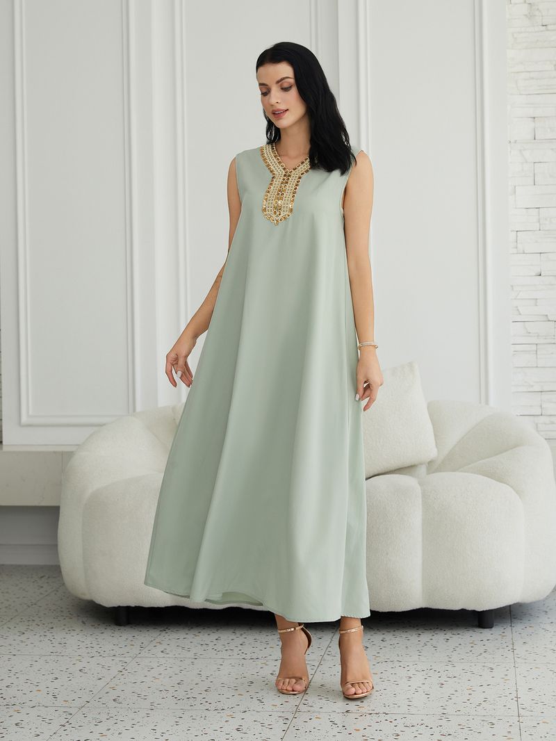 Elegantes, besticktes Abaya-Kleiderset mit Weste aus Dubai für Muslime – langärmliges Maxikleid mit Blumenspitze für Damen (Hellgrün, M/L/XL/XXL)_voghion.com