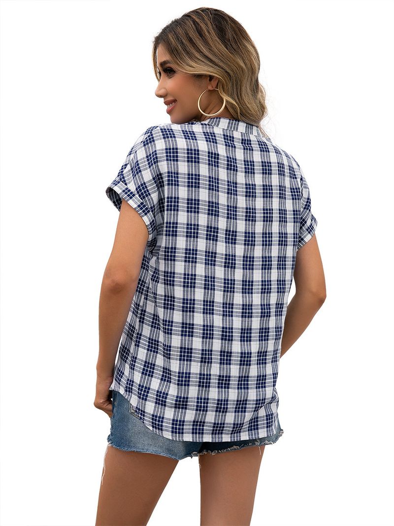 Casual geruit overhemd met V-hals en korte mouwen Smoking geruit overhemd top dames_voghion.com