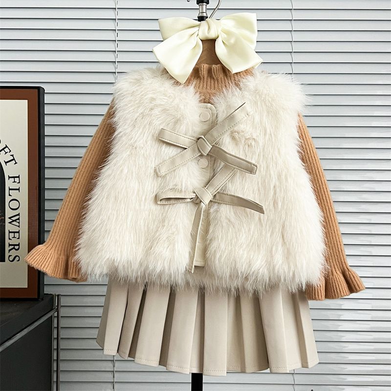 2025 Nuovo gilet di pelliccia per ragazze autunno e inverno stile coreano, abito a tre pezzi, gilet di pelliccia lungo + gonna di pelle + camicia inferiore_voghion.com