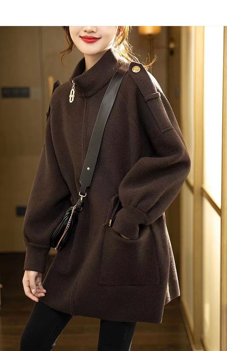 Neuer Wollmantel mit Stehkragen und Taillengürtel, lockere Passform, für Damen in großen Größen, Wintermode 2024_voghion.com