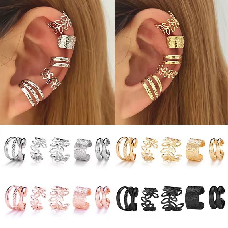 Kreativer und einfacher Ohrknochenclip ohne Ohrlöcher, fünfteiliges Set personalisierter goldener Blatthohlohrringe, C-förmige Ohrclips_voghion.com