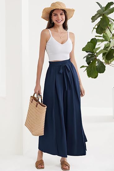 Calça Palazzo Feminina Leve, Casual, de Cintura Alta, com Bolsos e Fenda - Calça Larga e Flutuante para o Verão_voghion.com