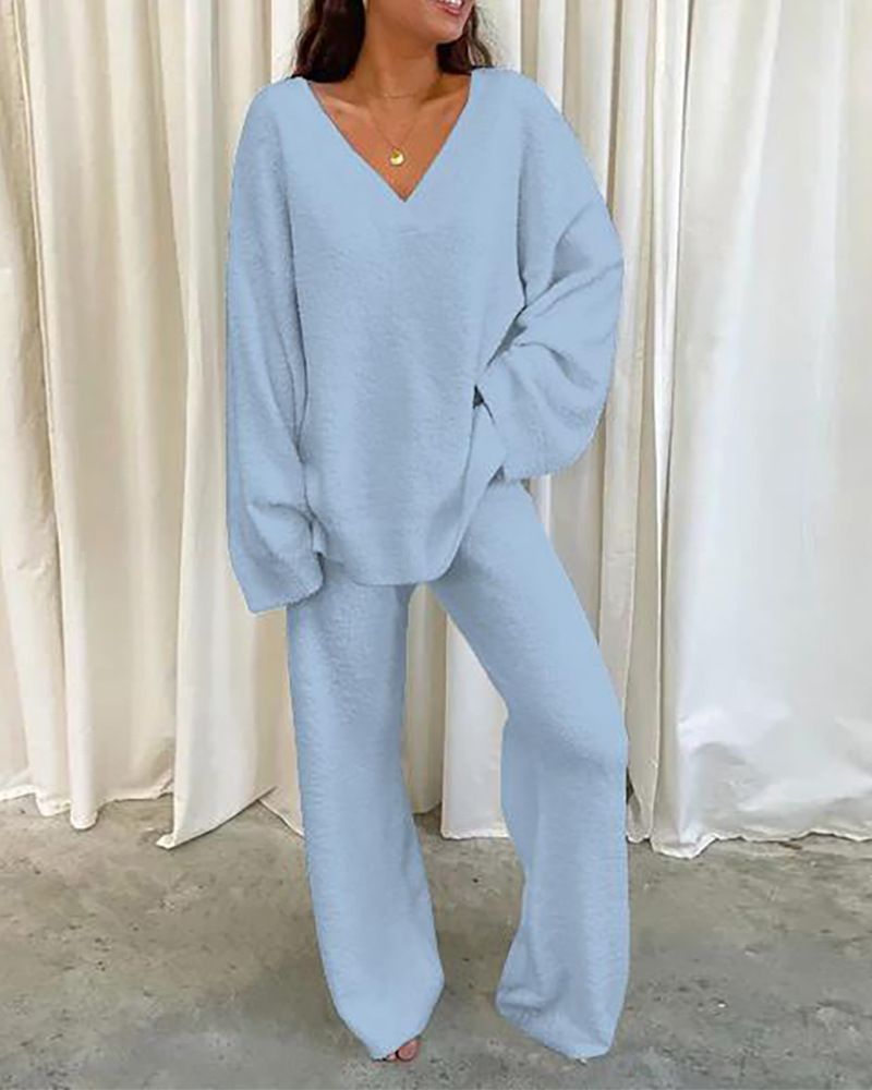 Fluffy V-neck Solid Color Casual Two-piece Suit_voghion.com