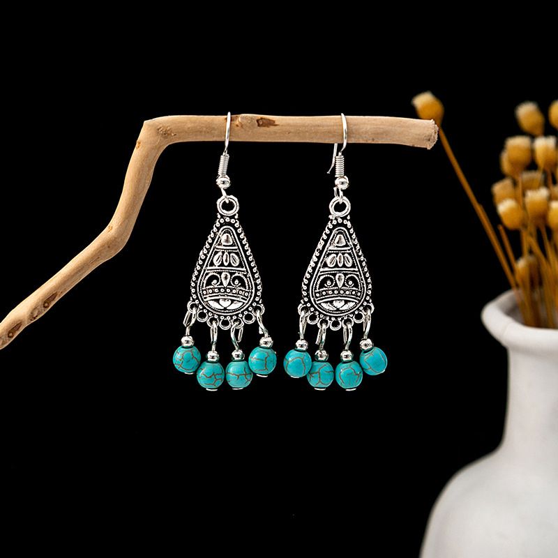 1 Pair Casual Retro Geometric Beaded Alloy Turquoise Drop Earrings_voghion.com