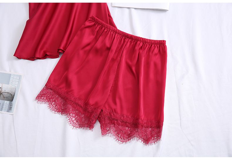 Ensemble deux pièces en dentelle de soie glacée pour femmes, col en v fin, coussinet de poitrine, short à bretelles froncées, été _voghion.com