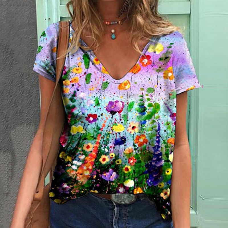Camiseta feminina com estampa digital 3D e manga curta, gola V, estilo solto, verão 2022_voghion.com