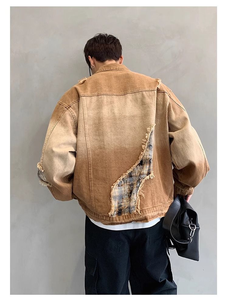 Vintage Distressed Denim Jacket With Gradient Color & Collar Design, Loose Fit Casual Coat For Men & Women_voghion.com