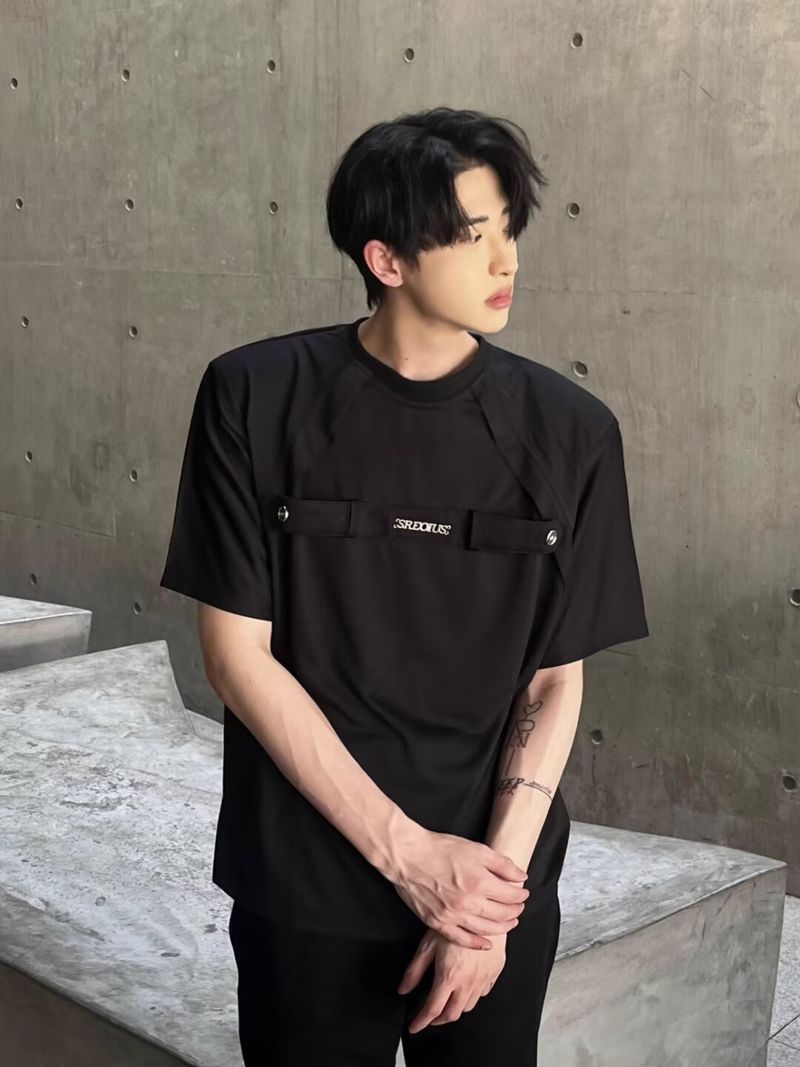 Maglietta a maniche corte con cerniera in metallo e piccola nicchia, da uomo, con scollo tondo, spalline larghe, semplice, a mezza manica, tendenza_voghion.com