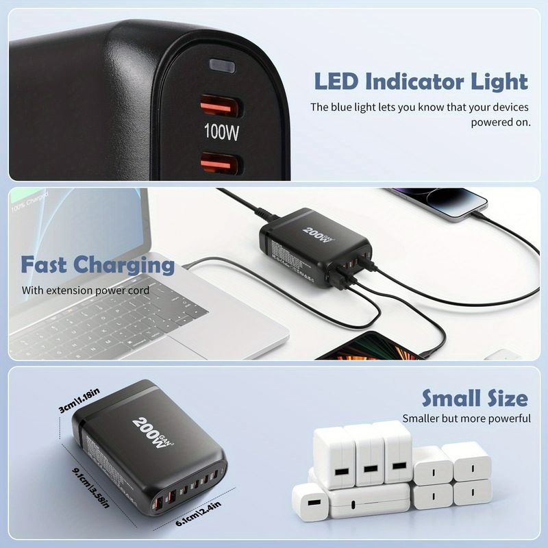 200W GaN USB C Charger Station Cellphones 6 Ports High Power Multi-Port Fast Charging IPhone, With Book LED Indicator_voghion.com