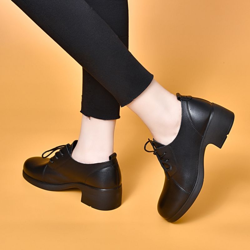 Kleine Damen 2025 Schwarzer Kopf Rindsleder Blockabsatz Arbeitsschuhe Mokassin Freizeitschuhe_voghion.com