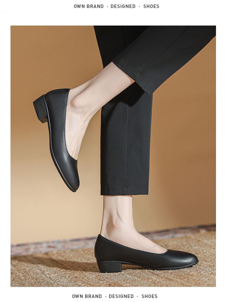 One Pedal Stewardess Black Chunky Heel Work Long Standing Flats_voghion.com