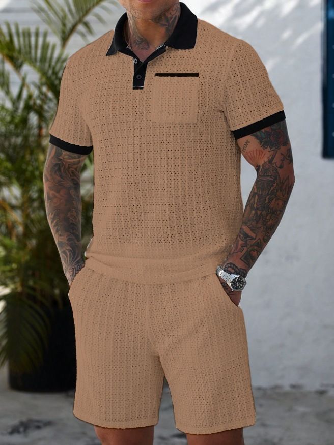 Men's Hollow Color Matching Short Sleeved Shorts Casual Sports Suit_voghion.com