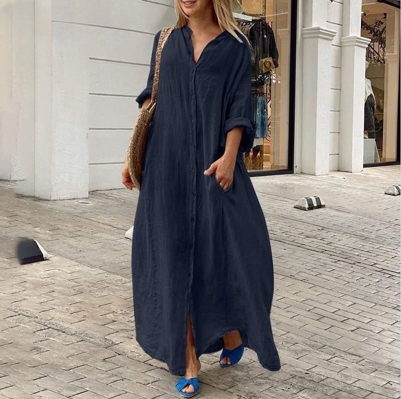 Abbigliamento donna casual tasca camicia colletto gonna lunga casual cotone e lino grandi dimensioni abito gonna_voghion.com