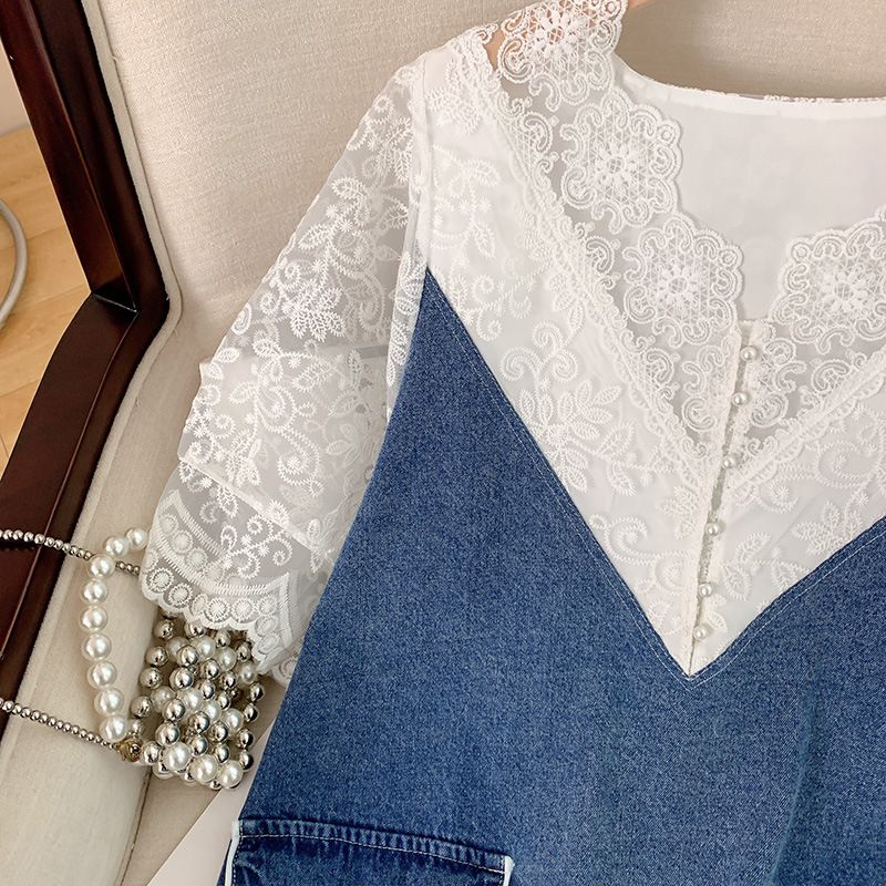 Abbigliamento da donna taglie forti, abito in denim con scollo a V e cuciture in pizzo XX2522_voghion.com