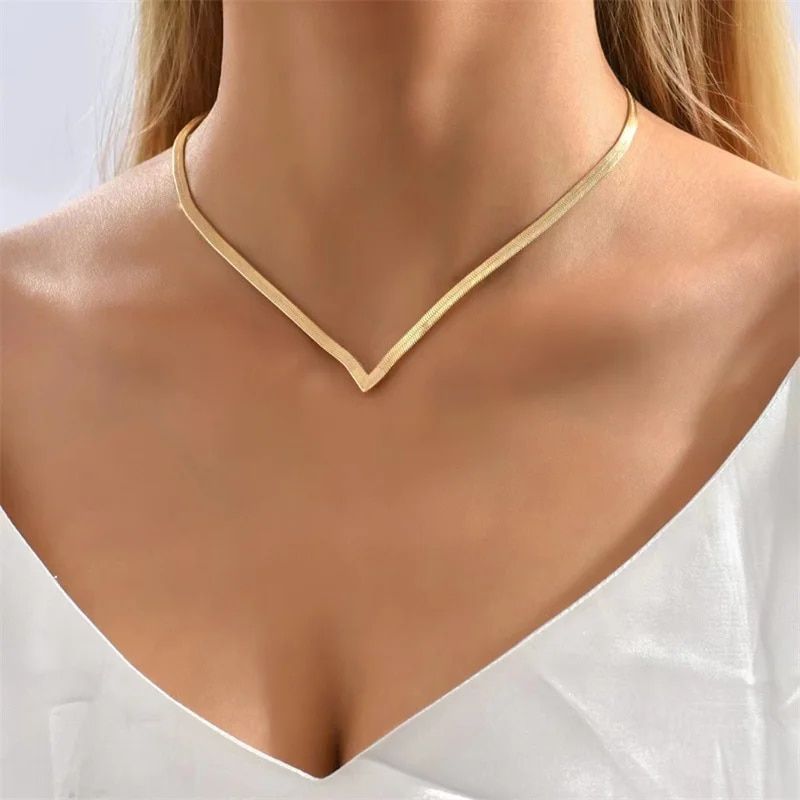 Collana a forma di V semplice e creativa alla moda per le donne, catena a serpente piatta, girocollo, catene a lama, accessori per il collo, gioielli, regalo_voghion.com