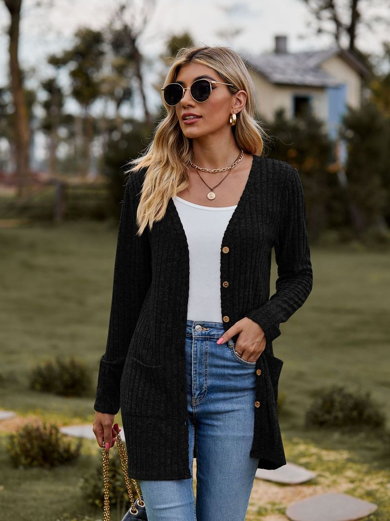 Nueva chaqueta tipo cárdigan de manga larga de color liso con tiras cepilladas para mujer_voghion.com