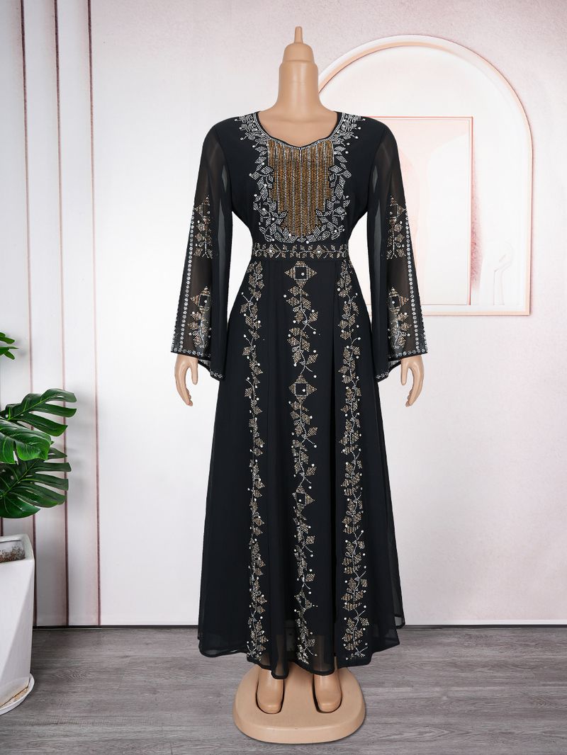 Elegantes Langarm-Maxikleid mit Strassverzierung, schlichtes muslimisches Abendkleid für Damen, A-Linien-Abendkleid in Übergröße (Grün/Violett/Schwarz)_voghion.com