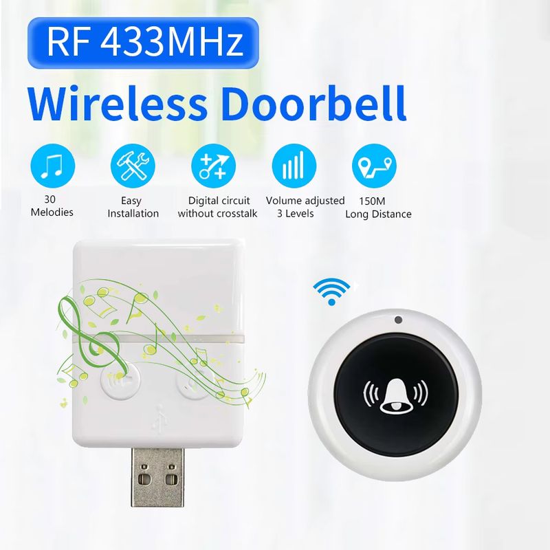 Campanello wireless RF 433 MHz, chiamate di benvenuto a casa, 150 m, 30 brani, ricevitore di allarme di sicurezza con pulsante remoto_voghion.com
