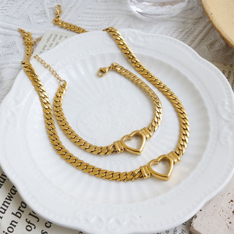 Stainless Titanium Steel Cuban Heart-shaped Gold-plated Hollow Flat Snake Chain Heart Pendant Necklace Bracelet Light_voghion.com