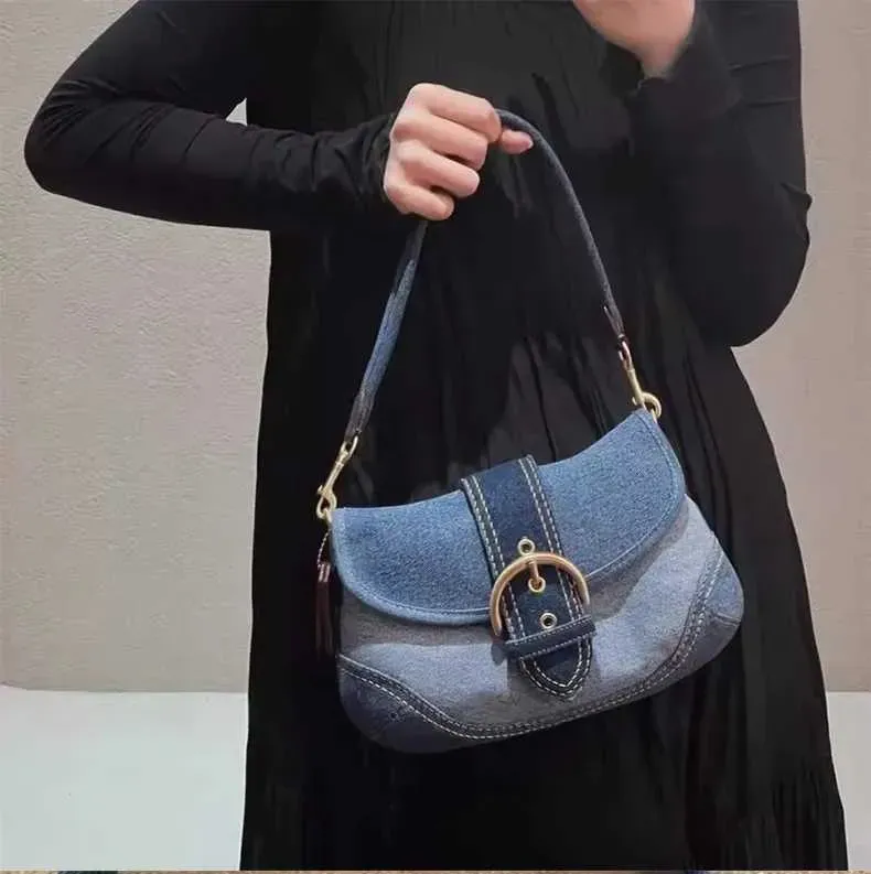 Hot Denim Underarm Bag - Canvas Splicing Design, Envelope Style Handbag For Women_voghion.com