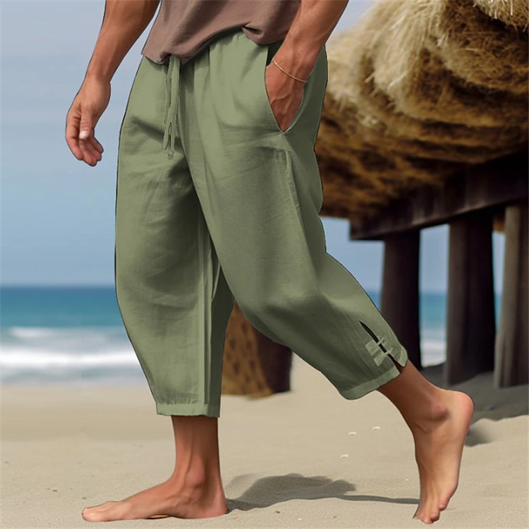 Herenkleding Linnen zomerbroek voor heren Strandbroek Effen kleur broekspijp met split, comfortabele ademende casual dagelijkse vakantiebroek_voghion.com