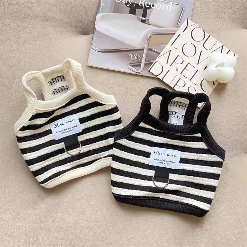 Autumn New Pet Dog Cat Leash Clothes INS Style Teddy Bichon Striped Cotton Vest_voghion.com