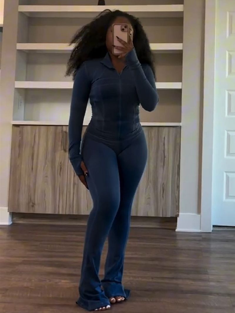 Elegant Two-Piece Women's Outfit - Flared Pants & Long Sleeve Top, Stretchy Polyester Fabric, Trendy Solid Color_voghion.com