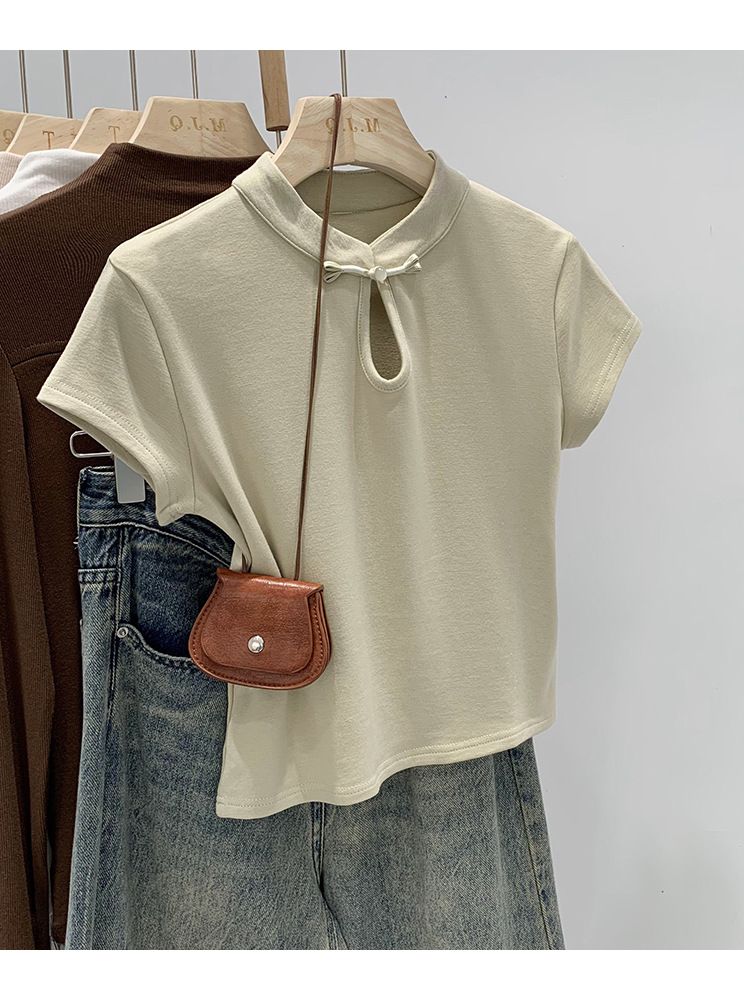 Women's Clothing national style design short-sleeved T-shirt women's summer stand-up collar button short top_voghion.com