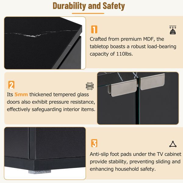 ON-TREND Modern APP Controlled LED TV Stand For TVs Up To 105'', Faux Marble Tabletop Media Console With Tempered Glass Doors, Entertainment Center_voghion.com