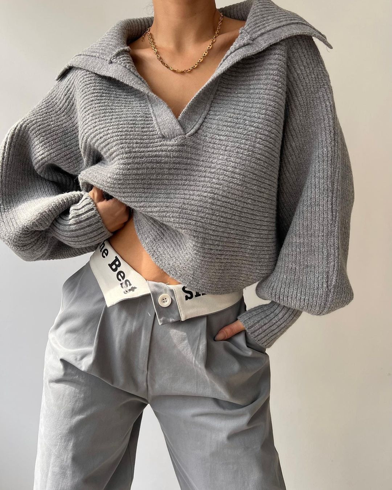 Abbigliamento donna autunno e inverno stile caldo pigro sciolto maniche a lanterna collo aperto pullover maglione corto da donna_voghion.com